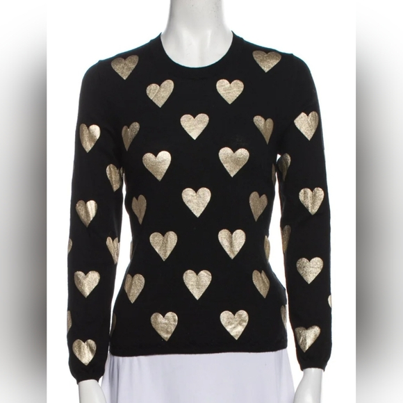 Burberry Black Merino Wool Sweater with Gold Metallic Hearts. Size Medium - Picture 4 of 10